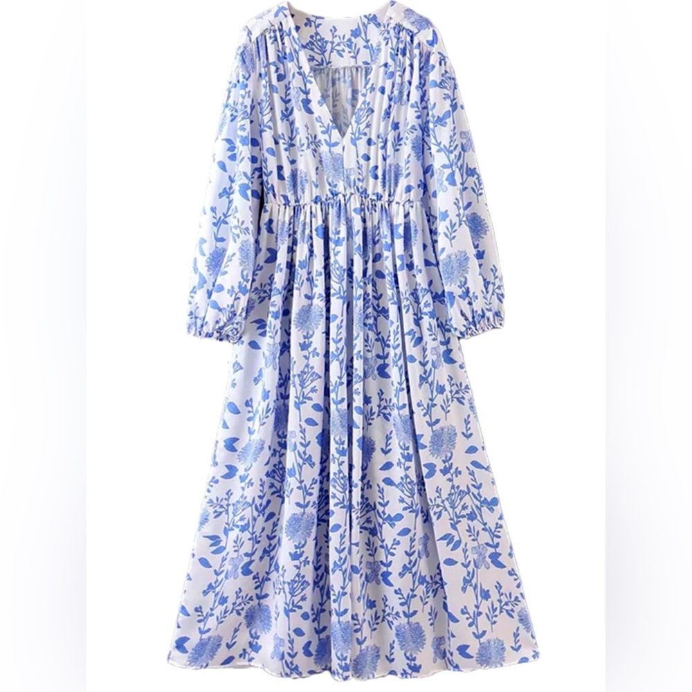Goodnight Macaroon Floral Print Maxi-Dress. V-neck elastic waist. White/Blue